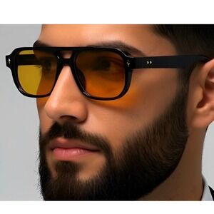 Men's Black Square Aviator Sunglasses Yellow Tinted Lenses Fashion Eyewear Gafas